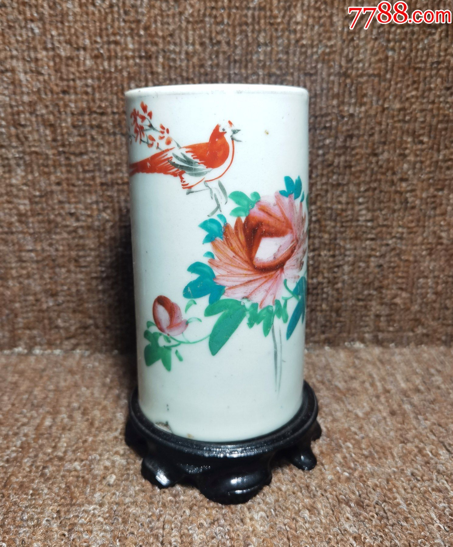 民国粉彩花鸟纹笔筒