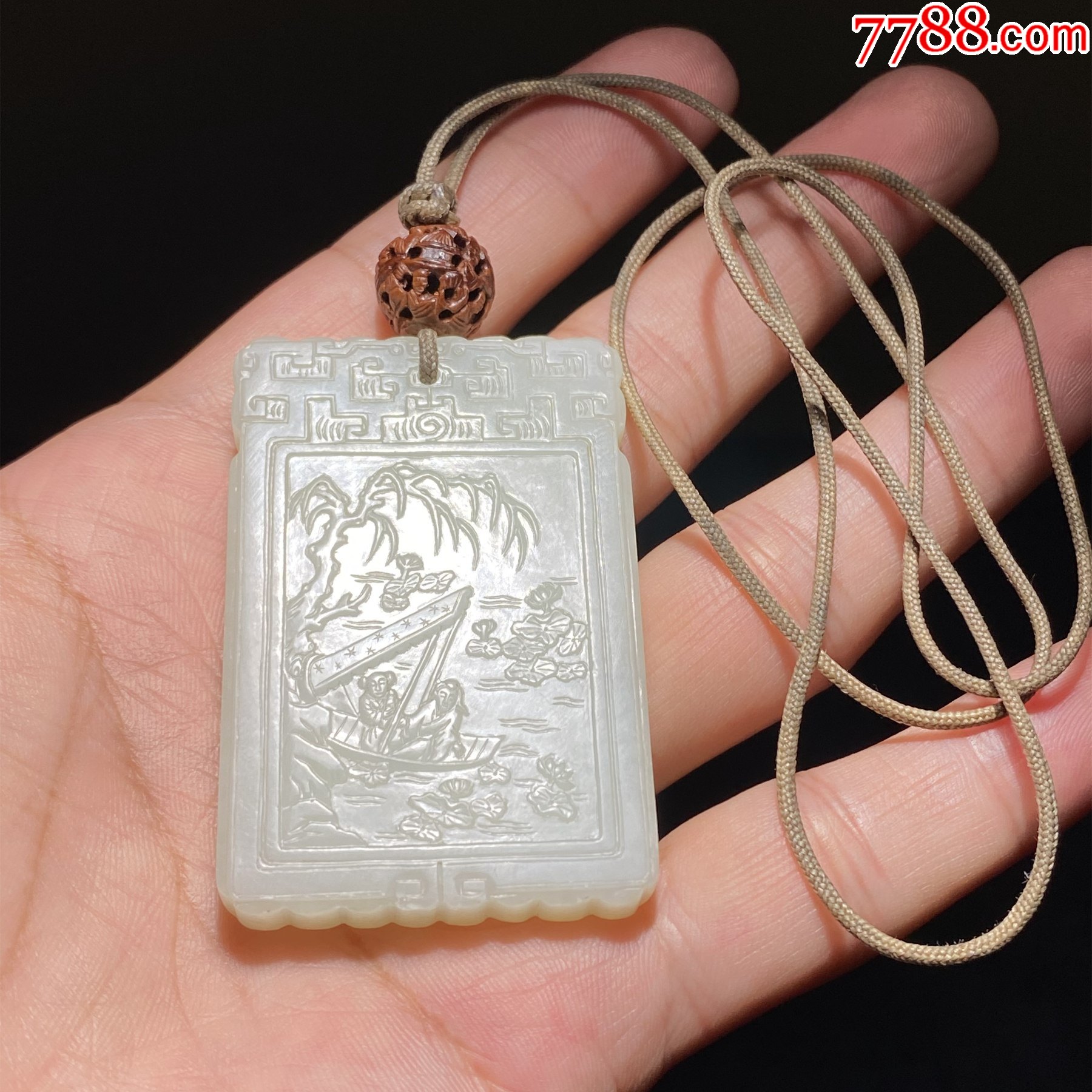 清和田玉白玉赏荷图玉牌挂件男士吊坠玉牌明清子冈款人物玉佩