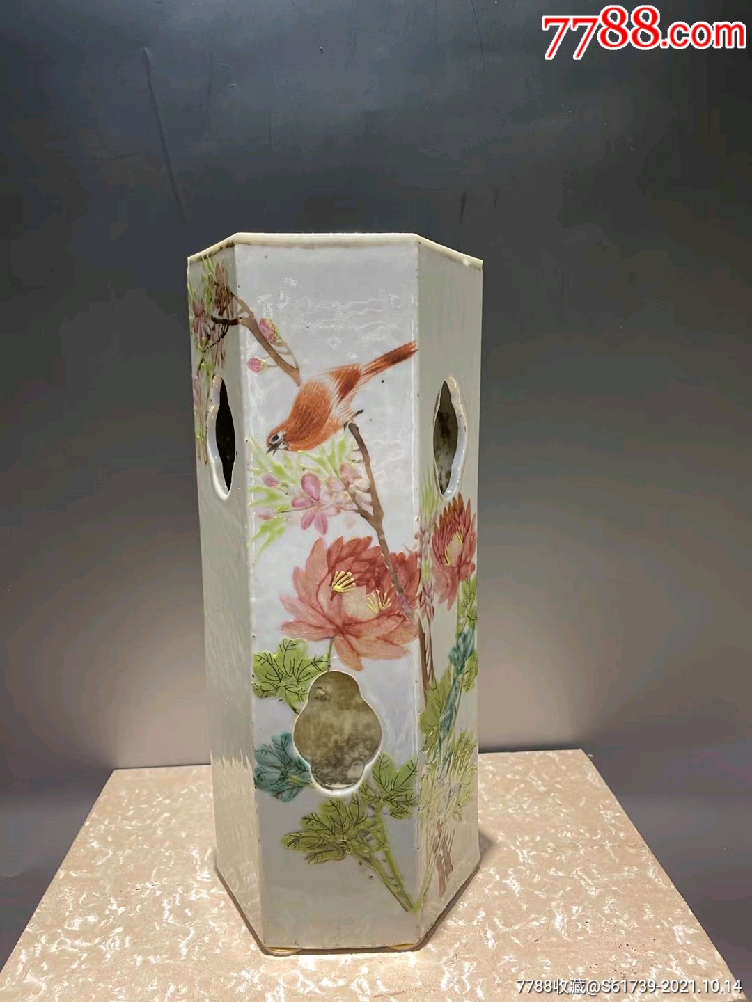 民国六方花鸟帽筒