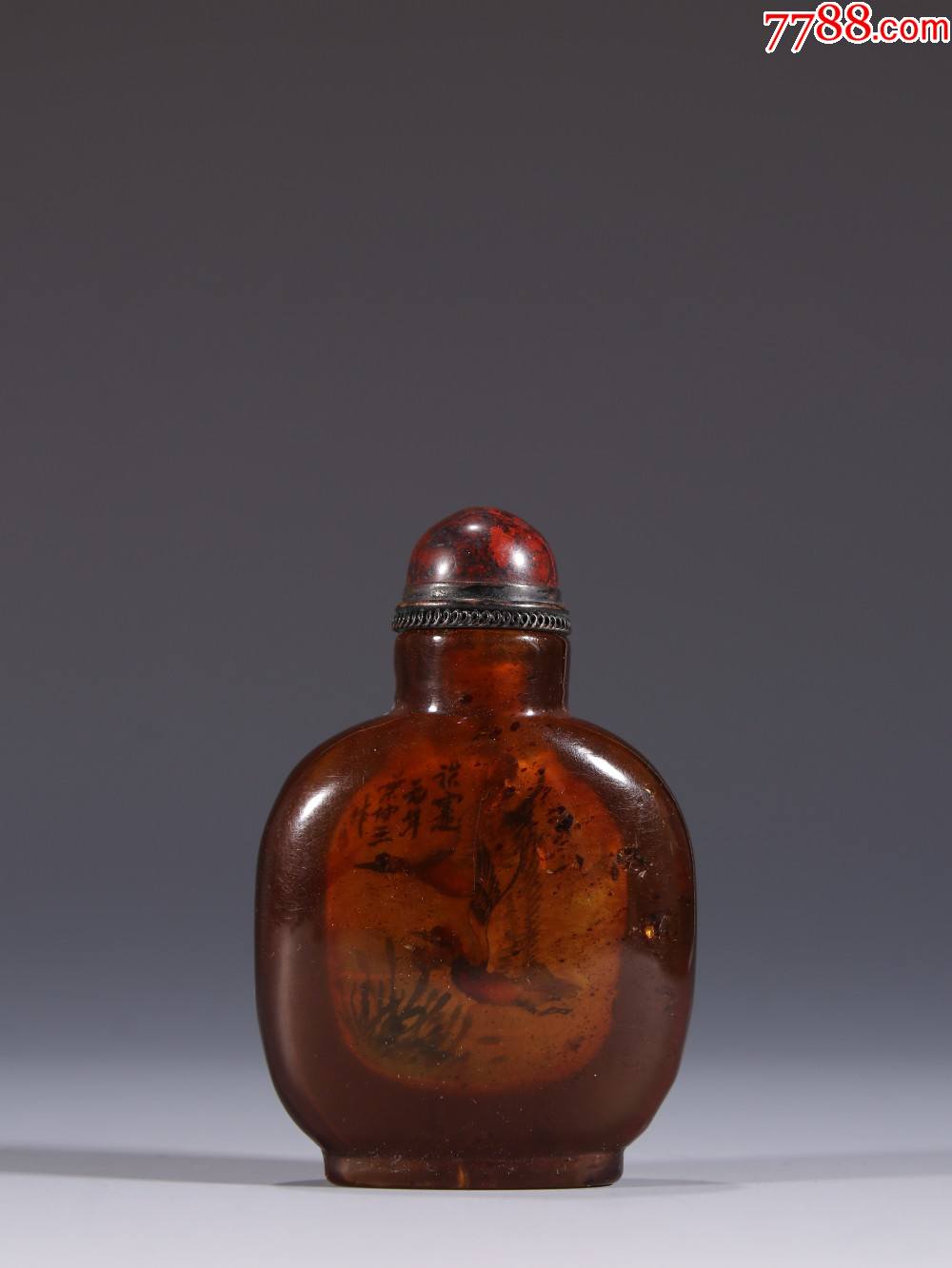旧藏老琥珀内画花鸟纹鼻烟壶