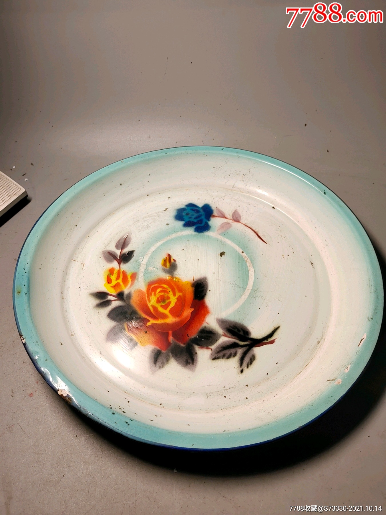 怀旧老物件80年代花卉搪瓷茶盘一只磕