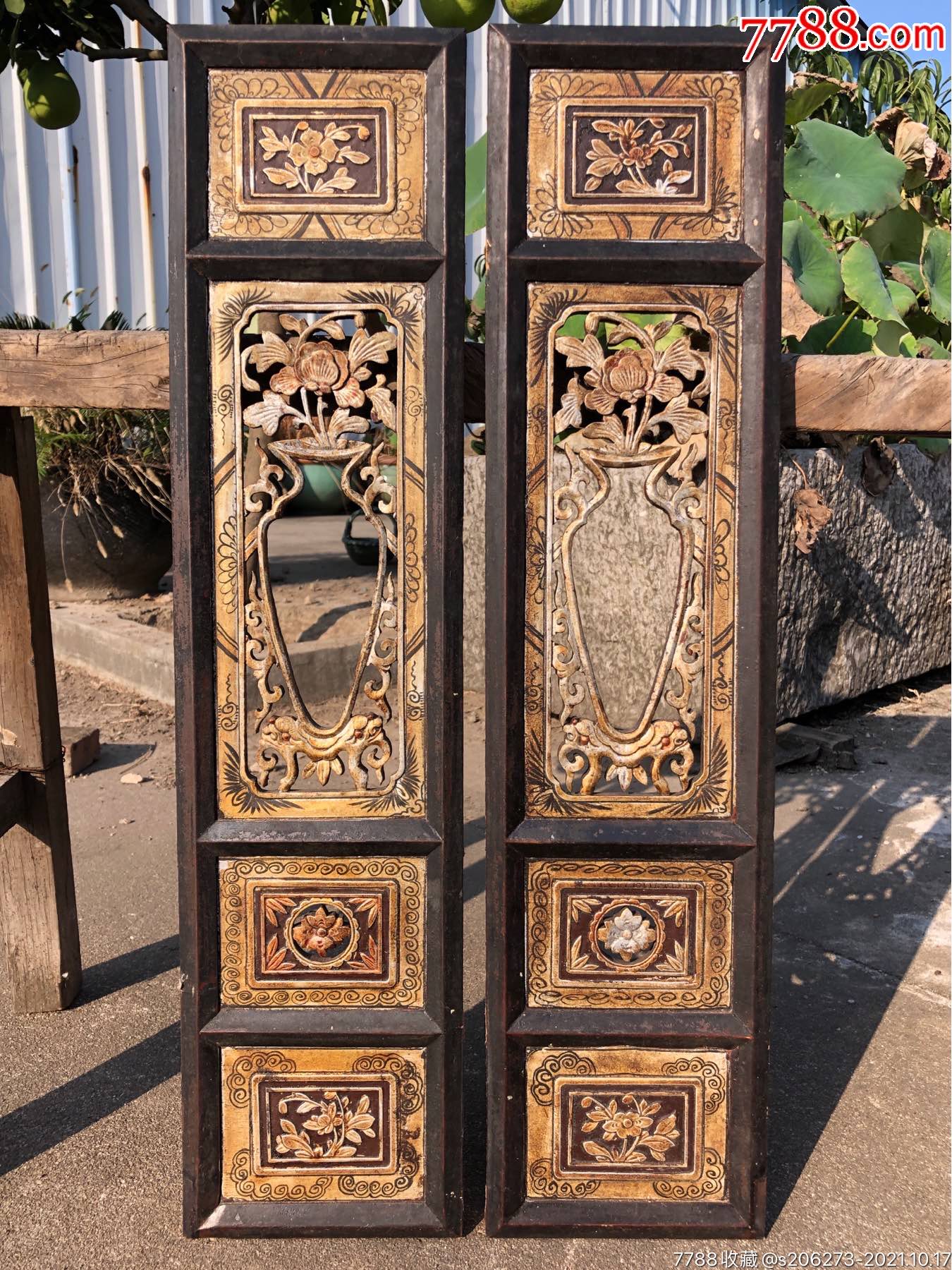 民国老木雕老挂屏花板一对