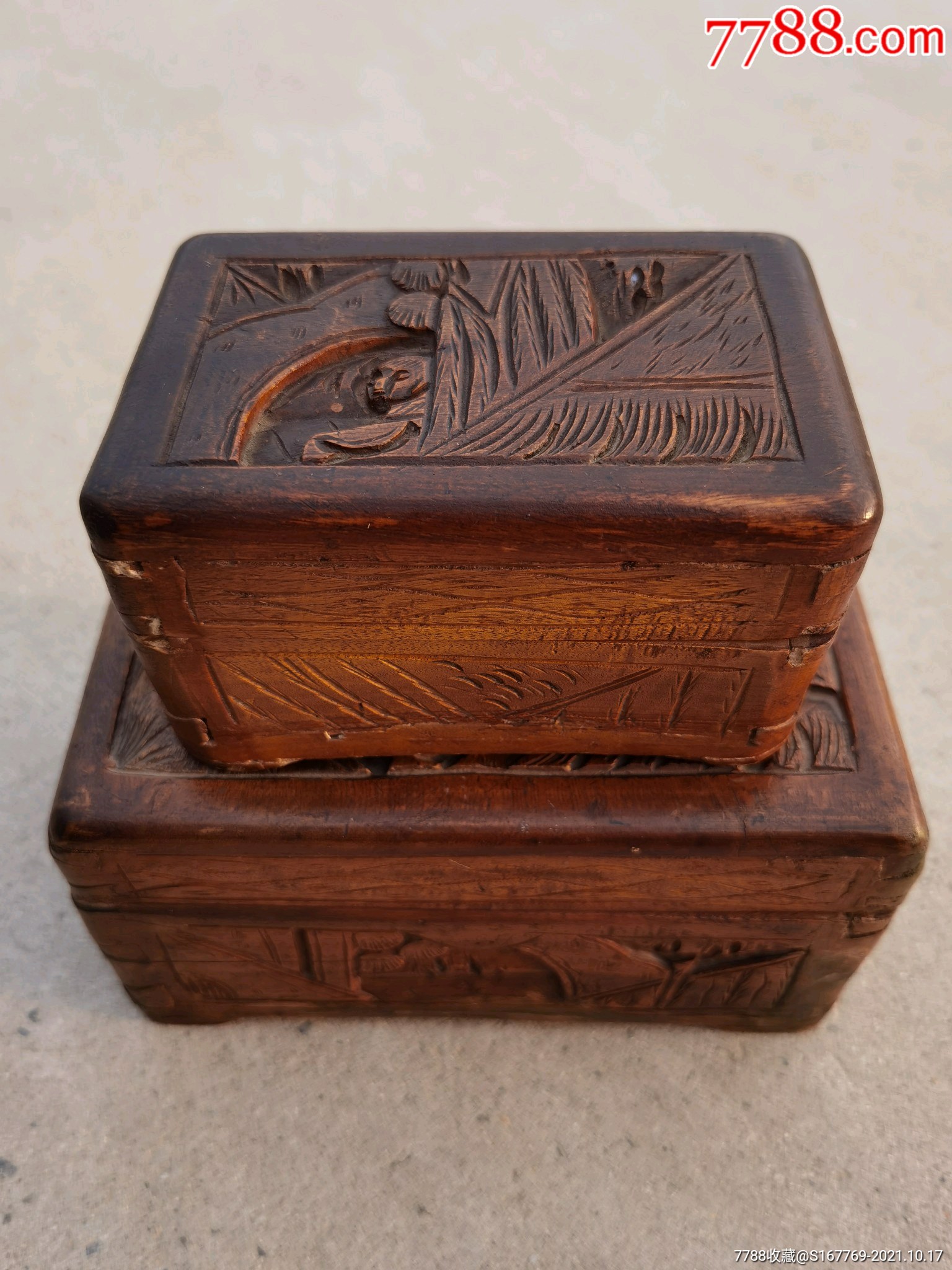 清末民初时期樟木盒一套五面雕工