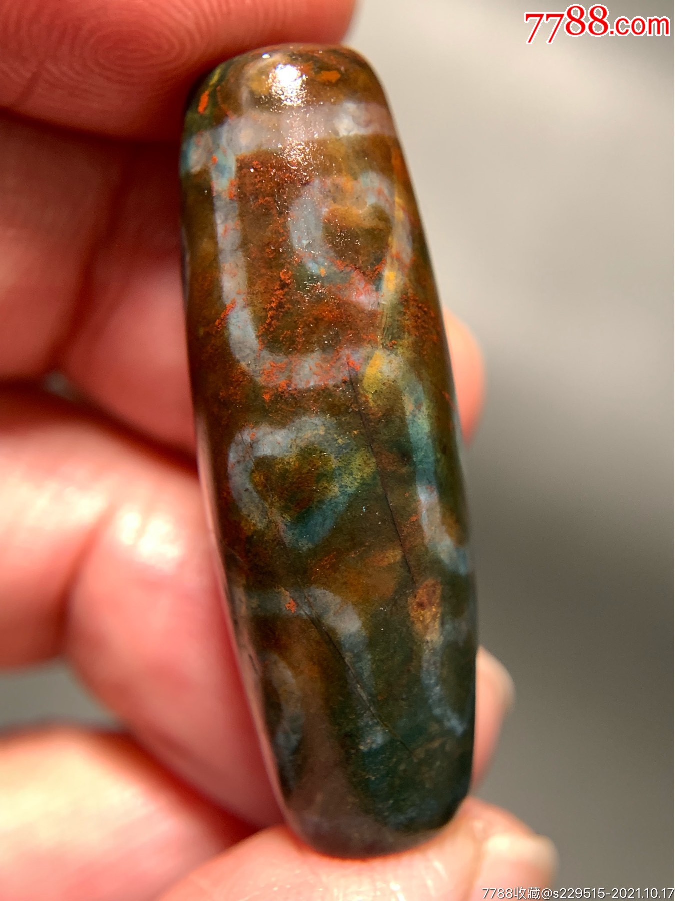 藏传带朱砂佛心九眼象雄天珠36.5*13毫米