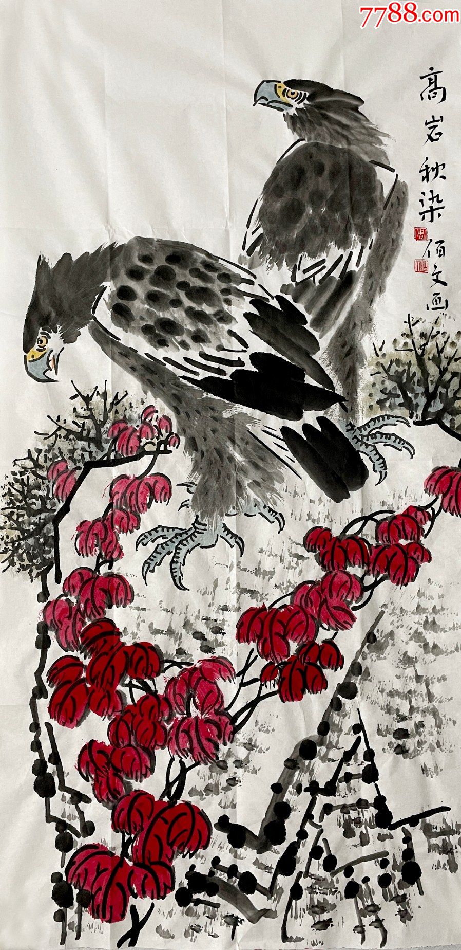 寫意花鳥畫紅葉鷹5_花鳥國畫原作_大開門真跡字畫【7788收藏__收藏