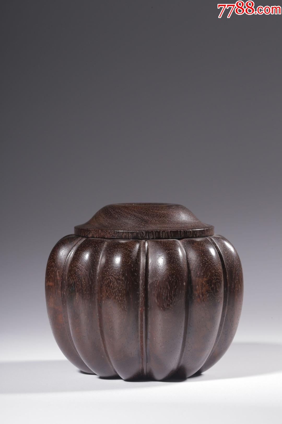 民国小叶紫檀心料整挖瓜棱形茶叶罐