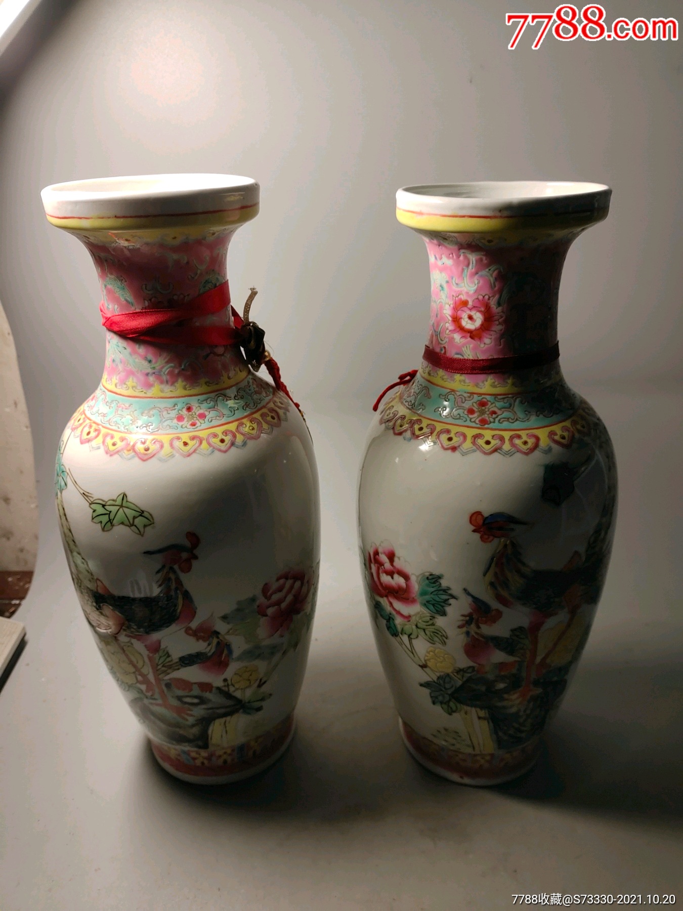 80-90年代,景德镇艺术瓷厂花开富贵,花瓶一对_价格420元【专注寡妇二