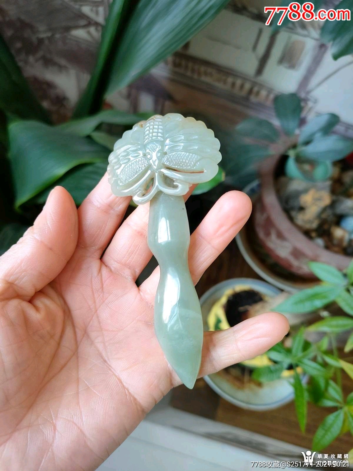 和田玉蝴蝶纹玉簪子,和田玉,清朝,青白玉,玉簪/头饰,福寿吉庆,se