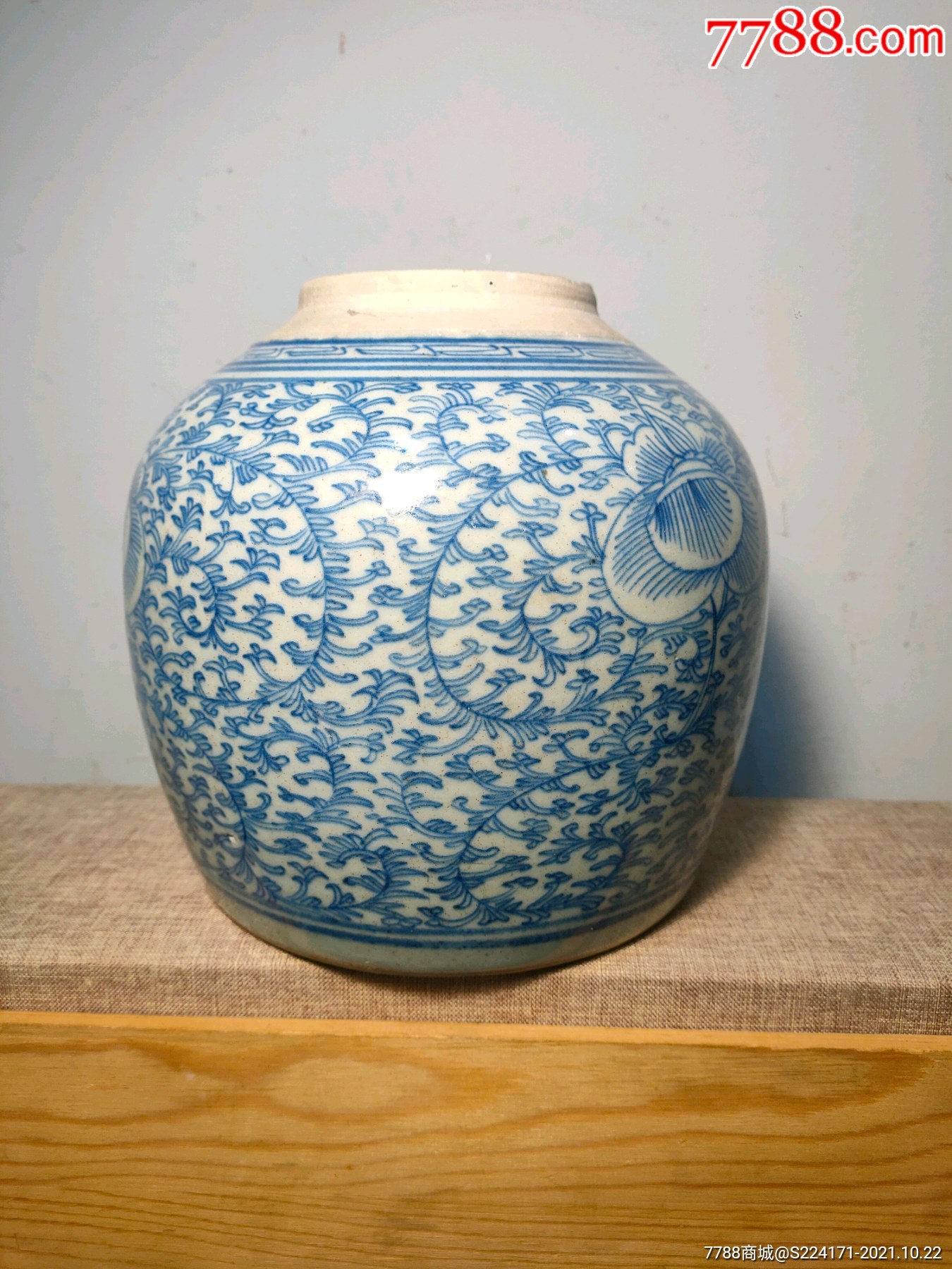 细路嘉庆残枝莲青花罐