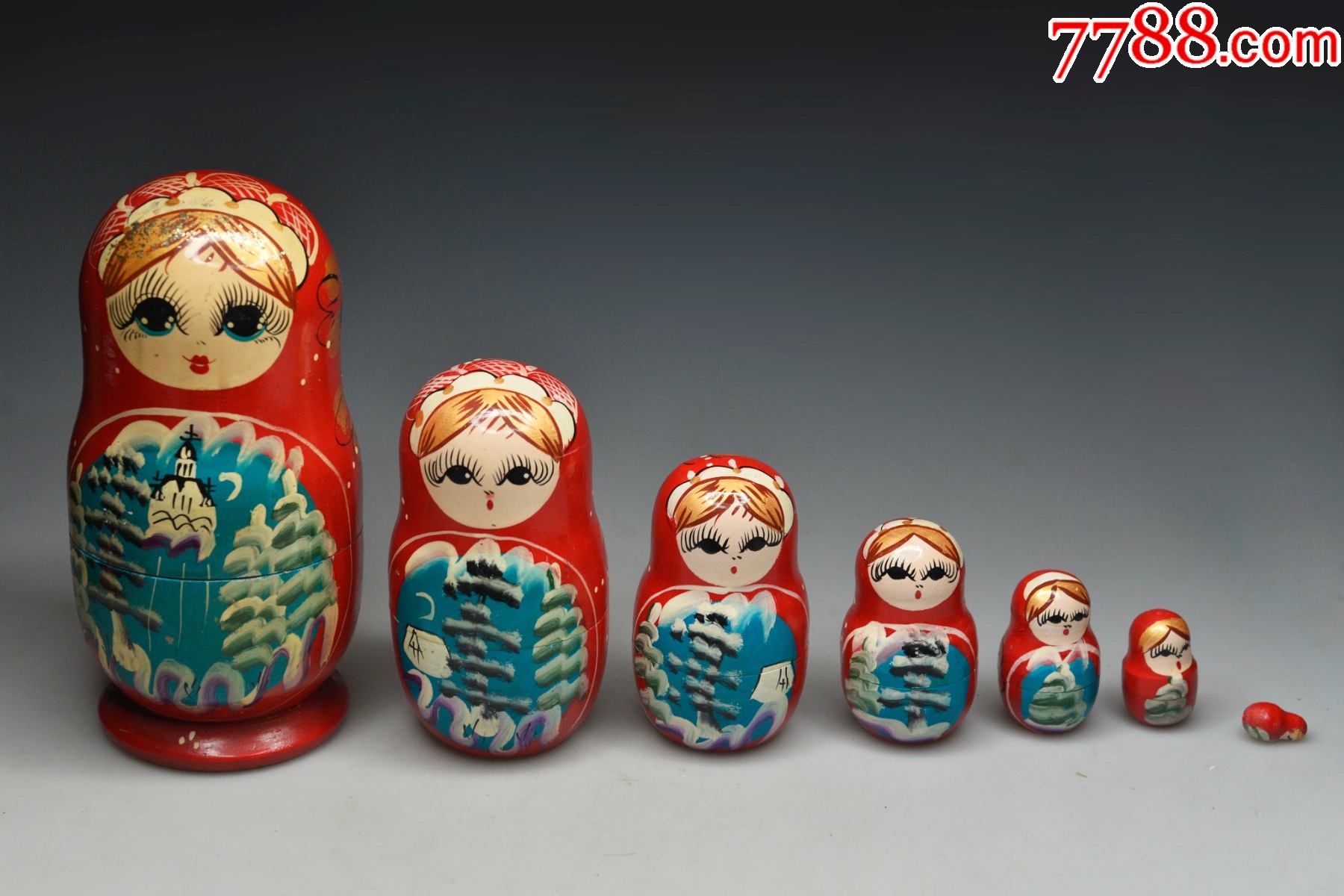 西洋古董苏联复古木质俄罗斯老套娃七层彩绘漆器小盒子节日礼物