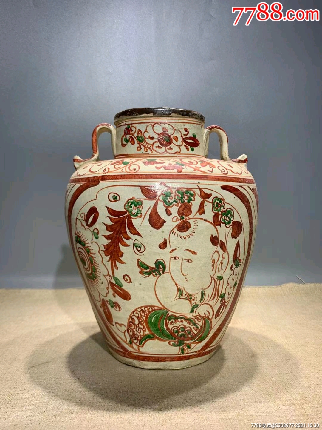 磁州窑红绿彩婴戏双耳罐