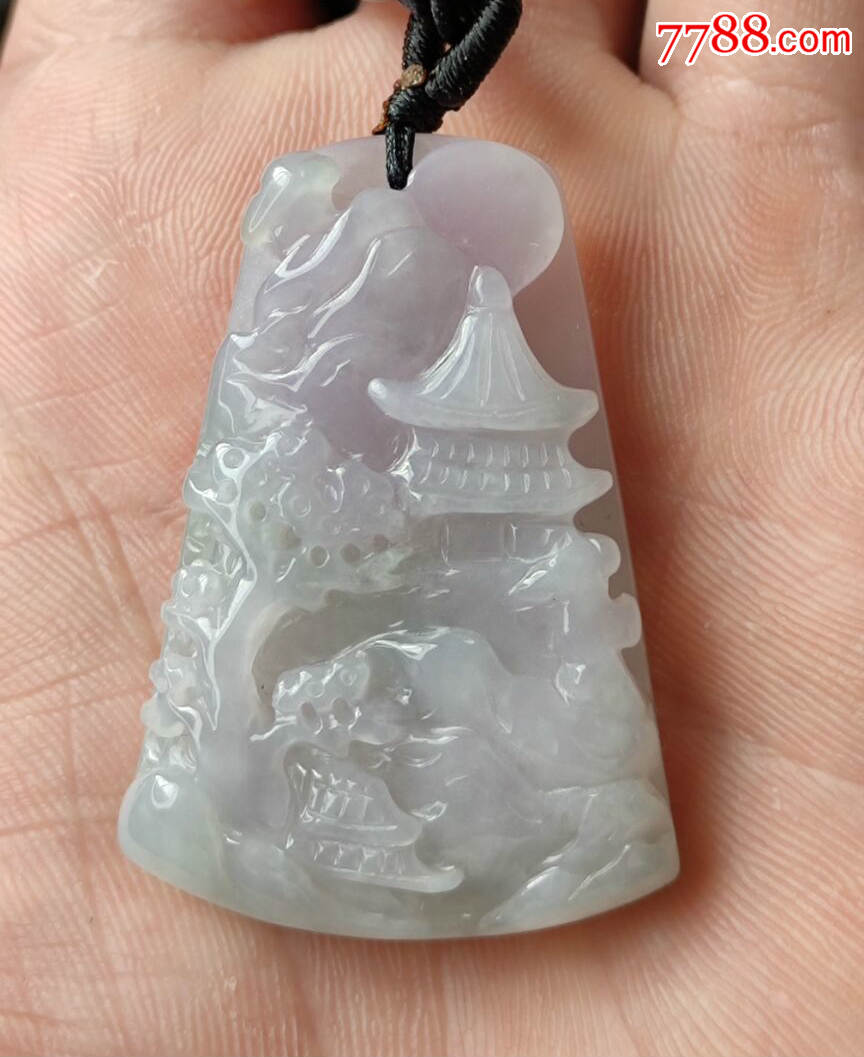 翡翠山水牌紫罗兰紫气东来精雕底子干净细腻