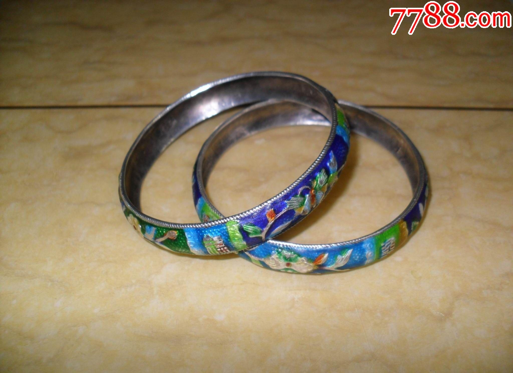超精美珐琅彩缠枝牡丹纹福禄寿喜老银手镯