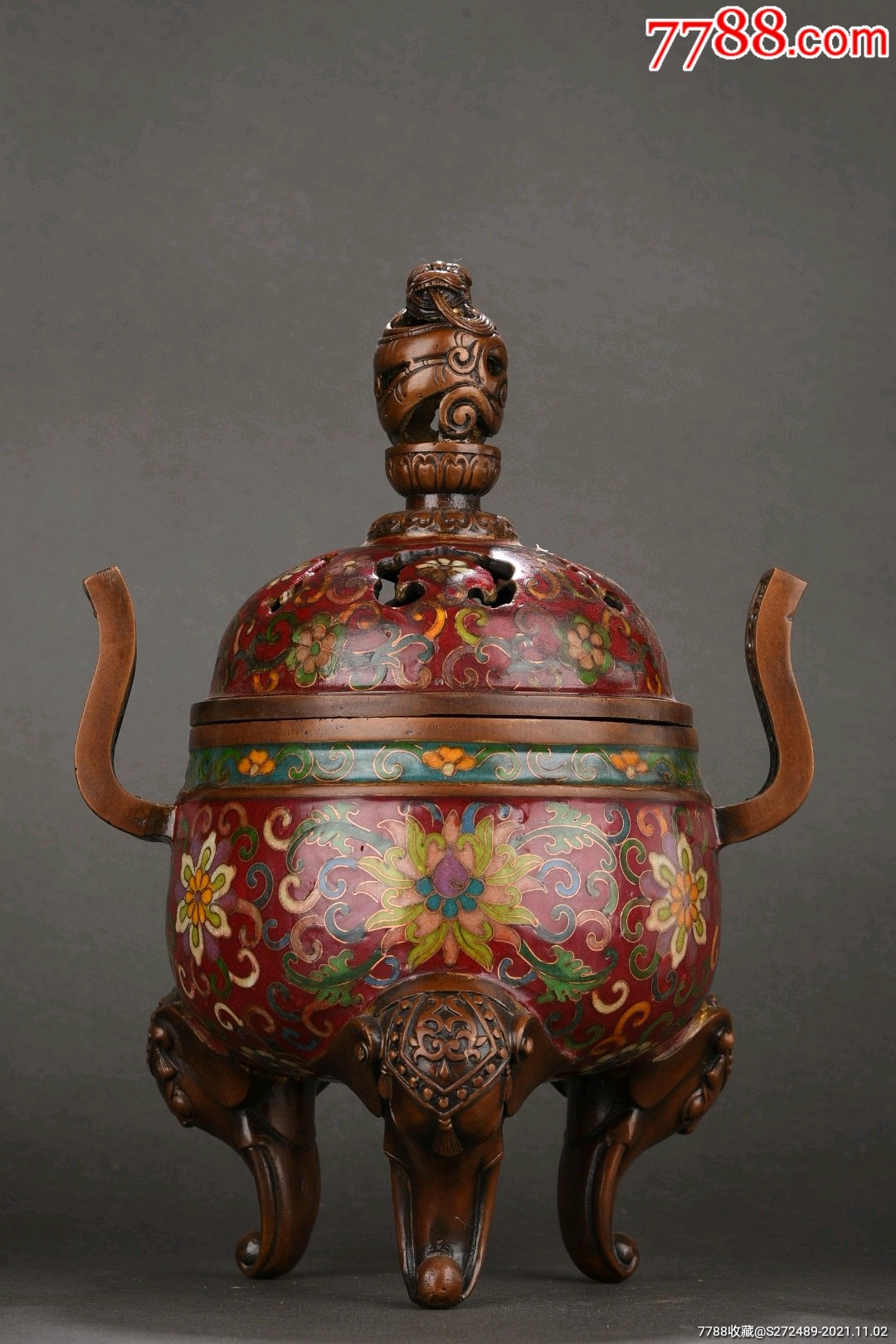 铜胎景泰蓝缠枝莲纹龙纽熏炉不议价