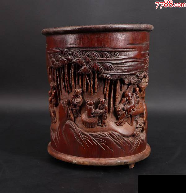 珍品民国老竹精雕竹林七贤大型笔筒