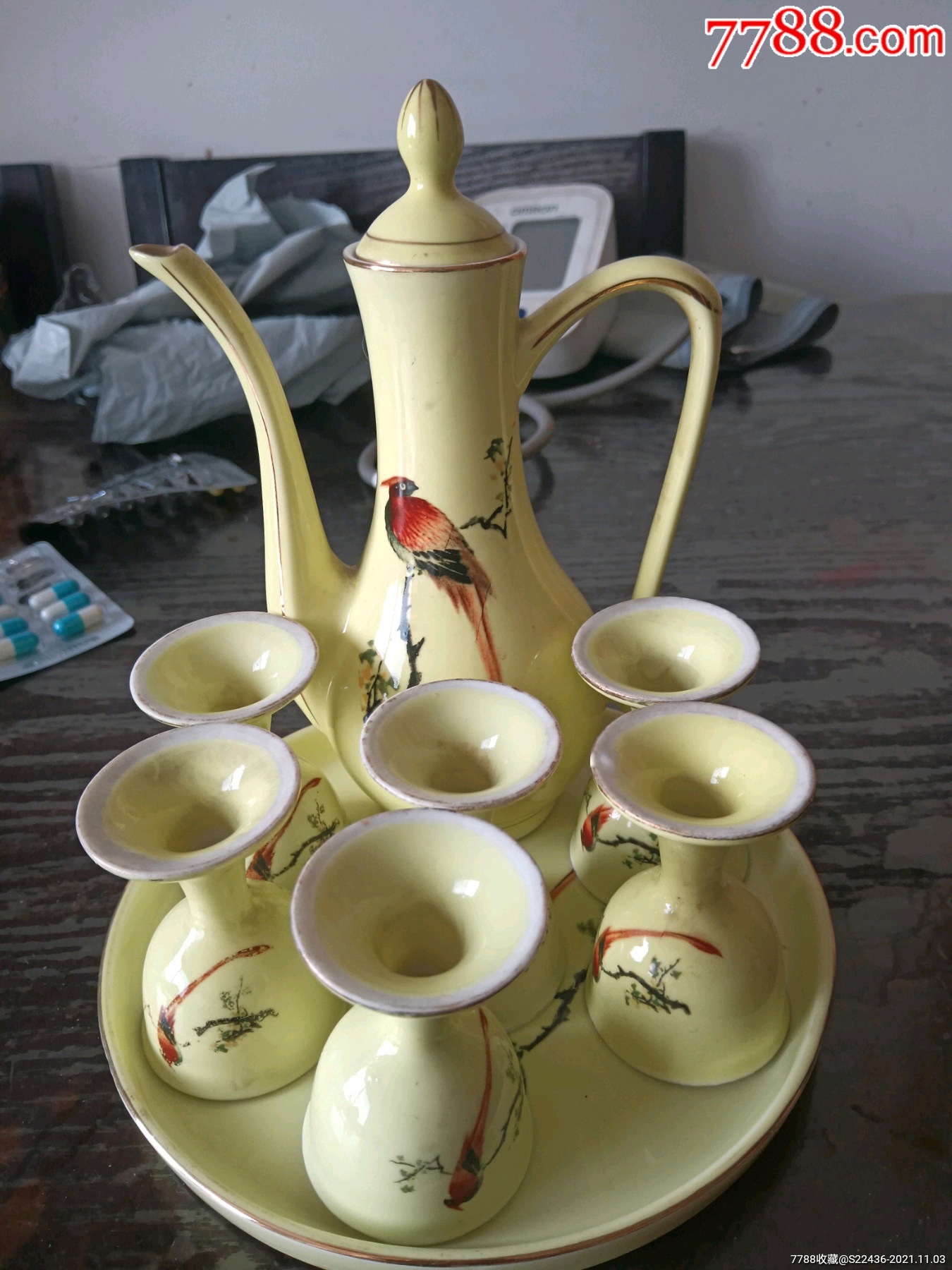 宣化2厂7o年代米黄长尾鸟酒具一套_彩绘瓷/彩瓷_收藏价格_鉴定交易