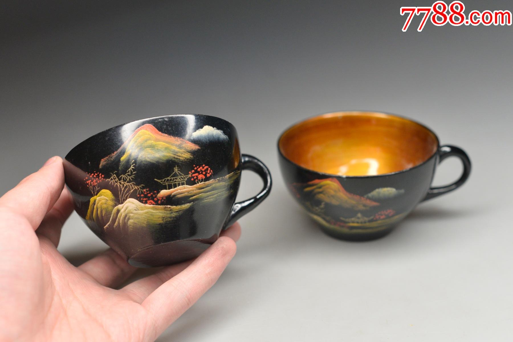 文革福州脱胎漆器老手绘70年代七十年代山水老茶杯咖啡杯执杯茶道