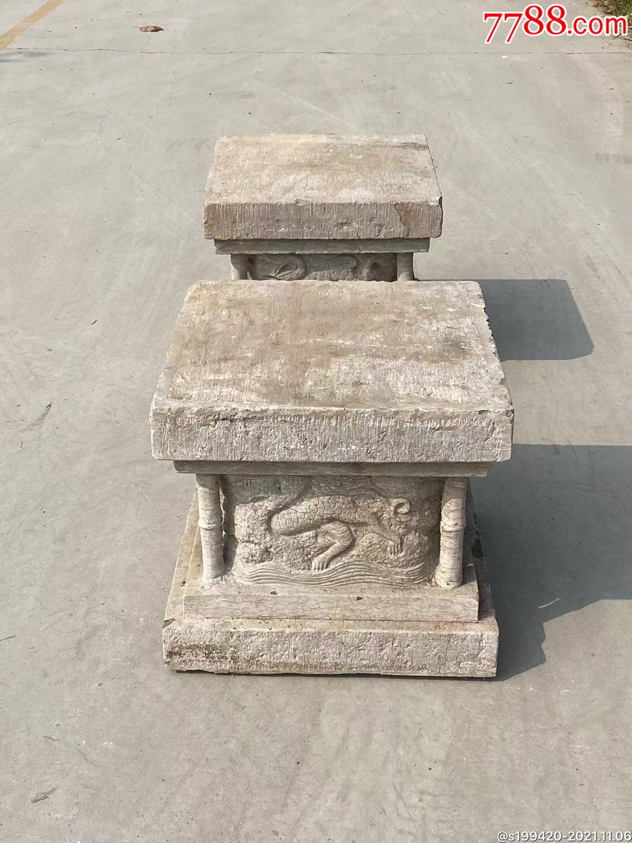 清代青石方形四面工柱墩一对品相完好保存完整雕刻精美包浆老辣