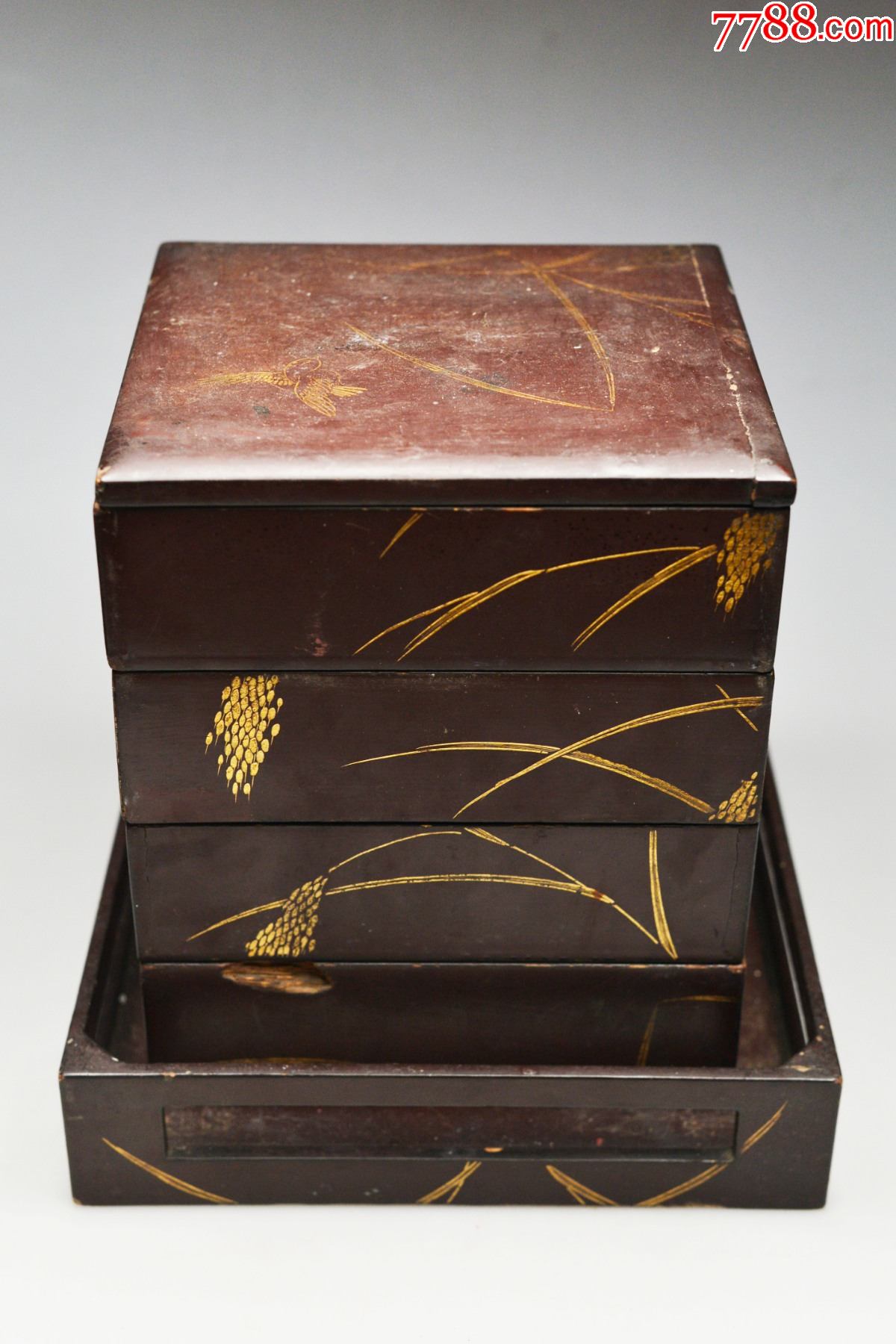 日本花卉木胎漆器食盒托盘点心收纳盘茶盘民国伪满洲国时期日式漆盒