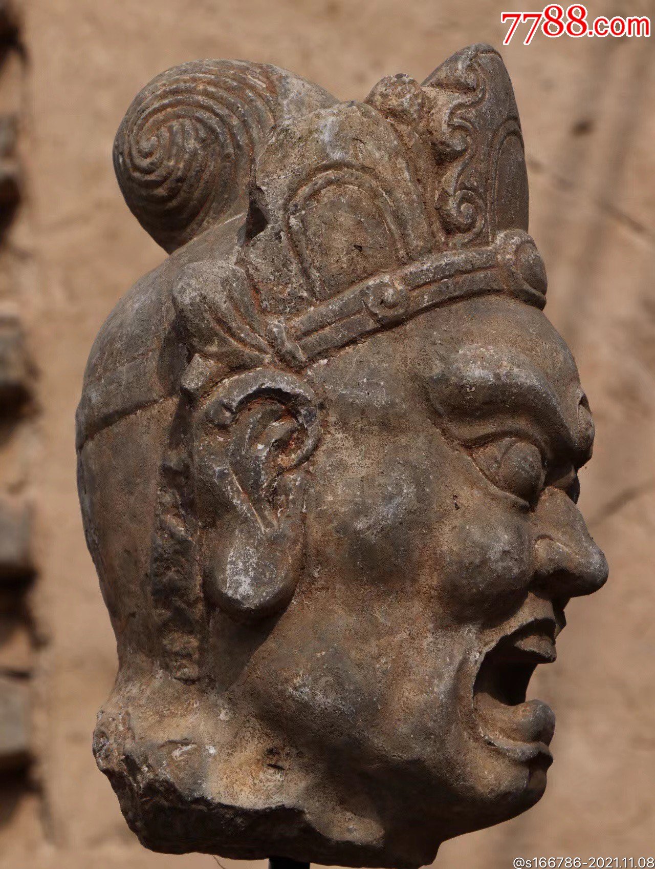 金刚力士尺寸总高45净高28厘米青石面貌雄伟头戴宝冠双目圆瞪张口怒