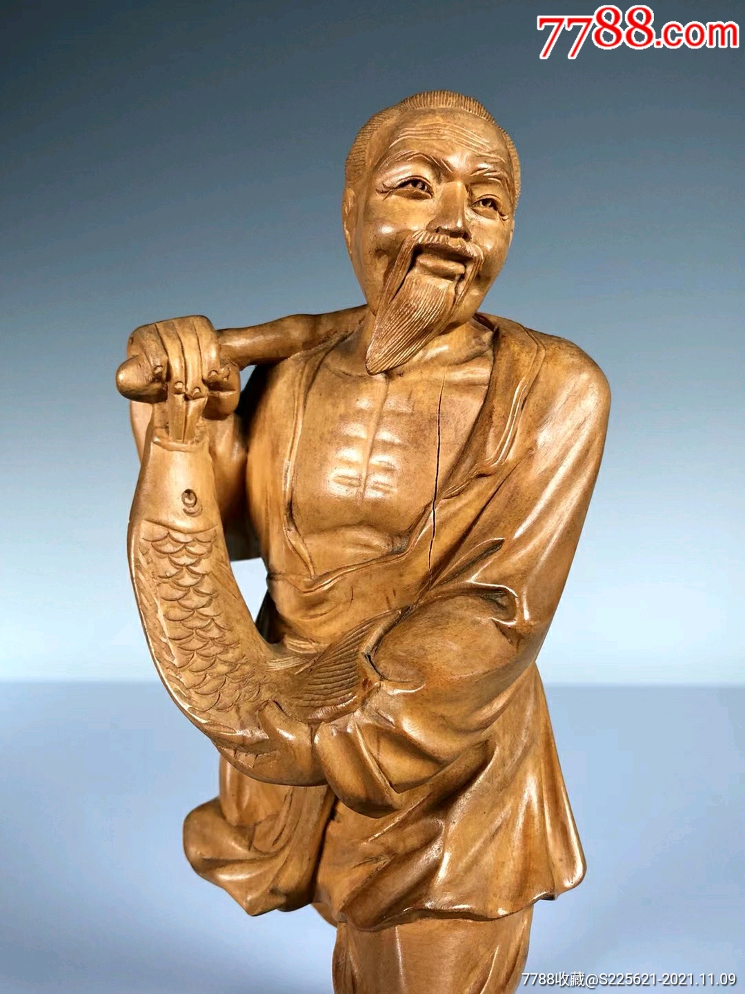 解放初期黄杨木雕渔翁得利人物像