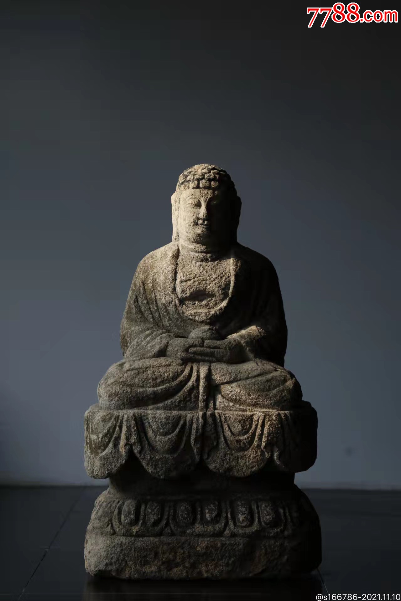 唐代坐佛开脸端庄坐姿安祥底座莲花饱满细沙石尺寸高90宽50厚35厘米