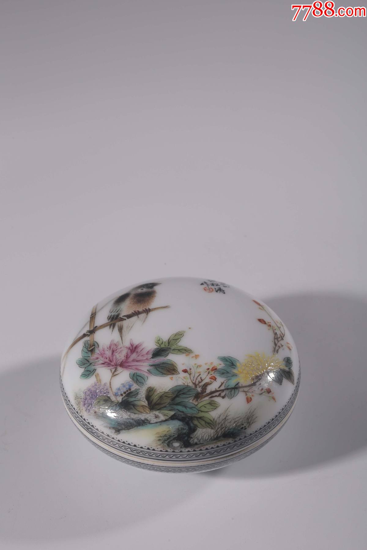清"张松涛"款粉彩诛仙八友花鸟印泥盒_价格4500.