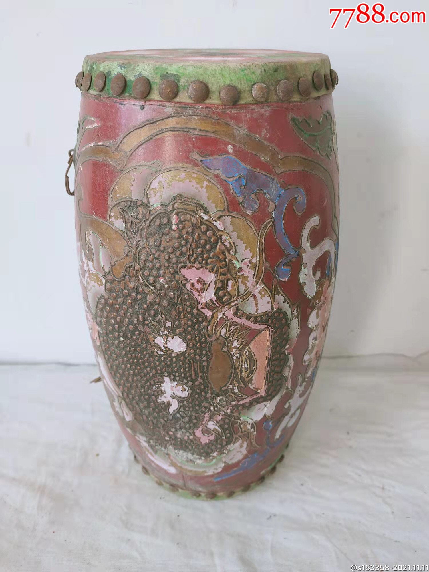 清代手工雕刻手绘花鼓