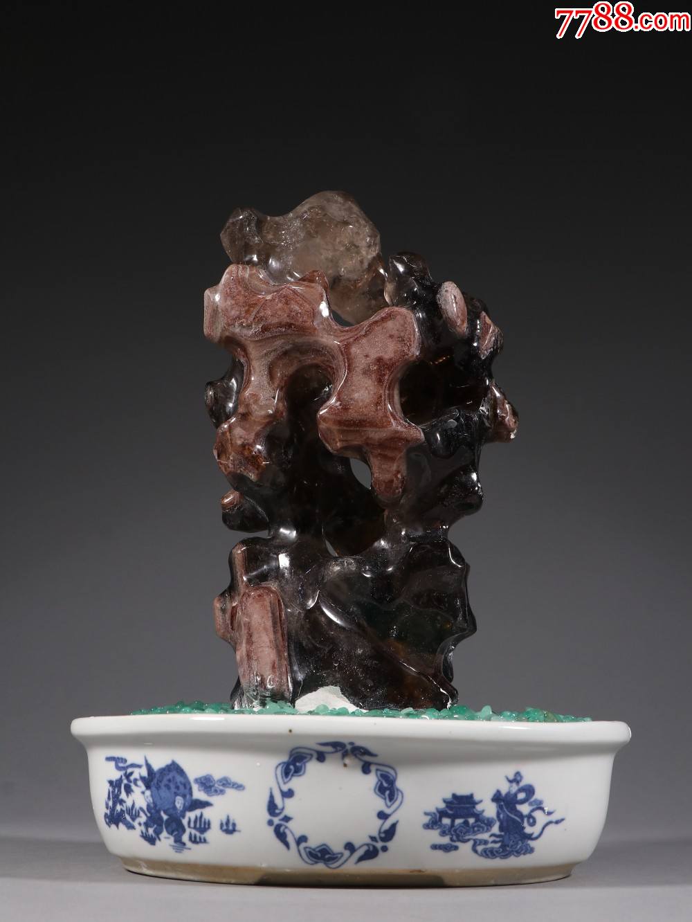 青花瓷茶晶山子摆件