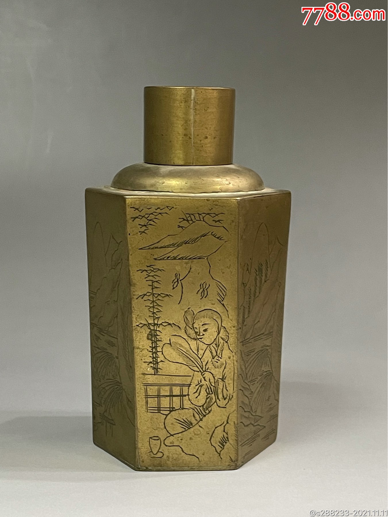 民国铜刻六方茶叶罐