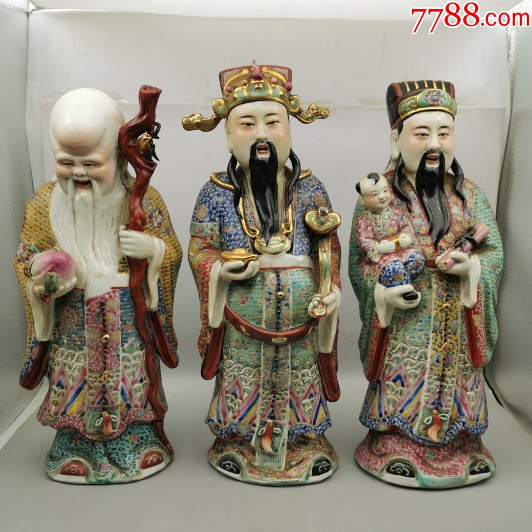 福建会馆游长子造粉彩福禄寿三星瓷塑