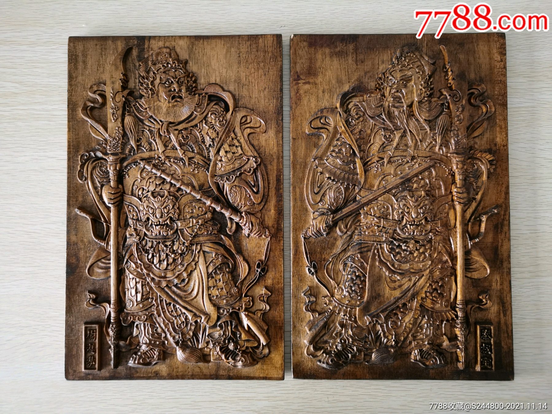 高浮雕橡木木雕门神一对全品无瑕疵包浆自然收藏佳品尺寸重量见图