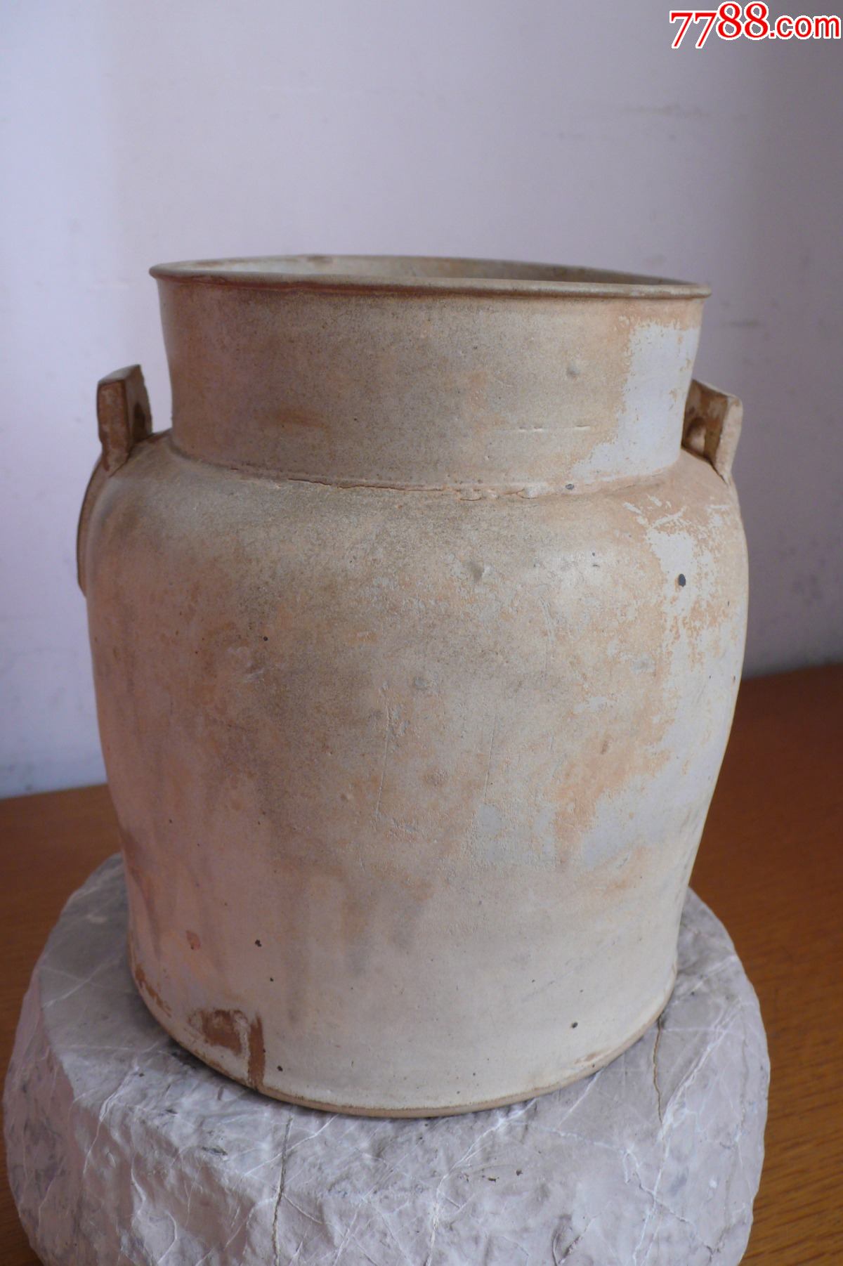 长沙窑青釉双耳印花直口罐