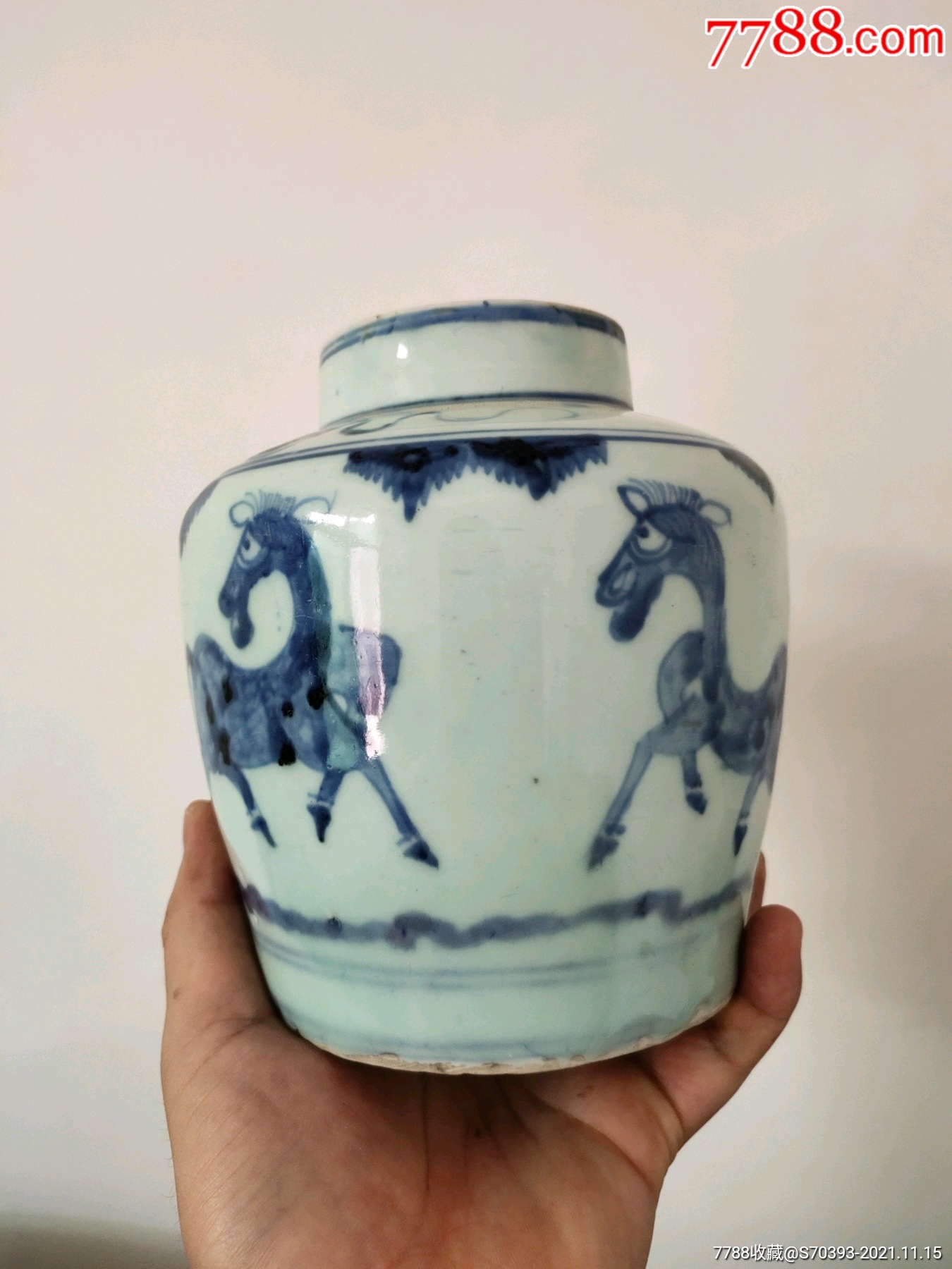 明末清初青花双马茶叶罐发色画工一流全品如图尺寸口直径75厘米高16