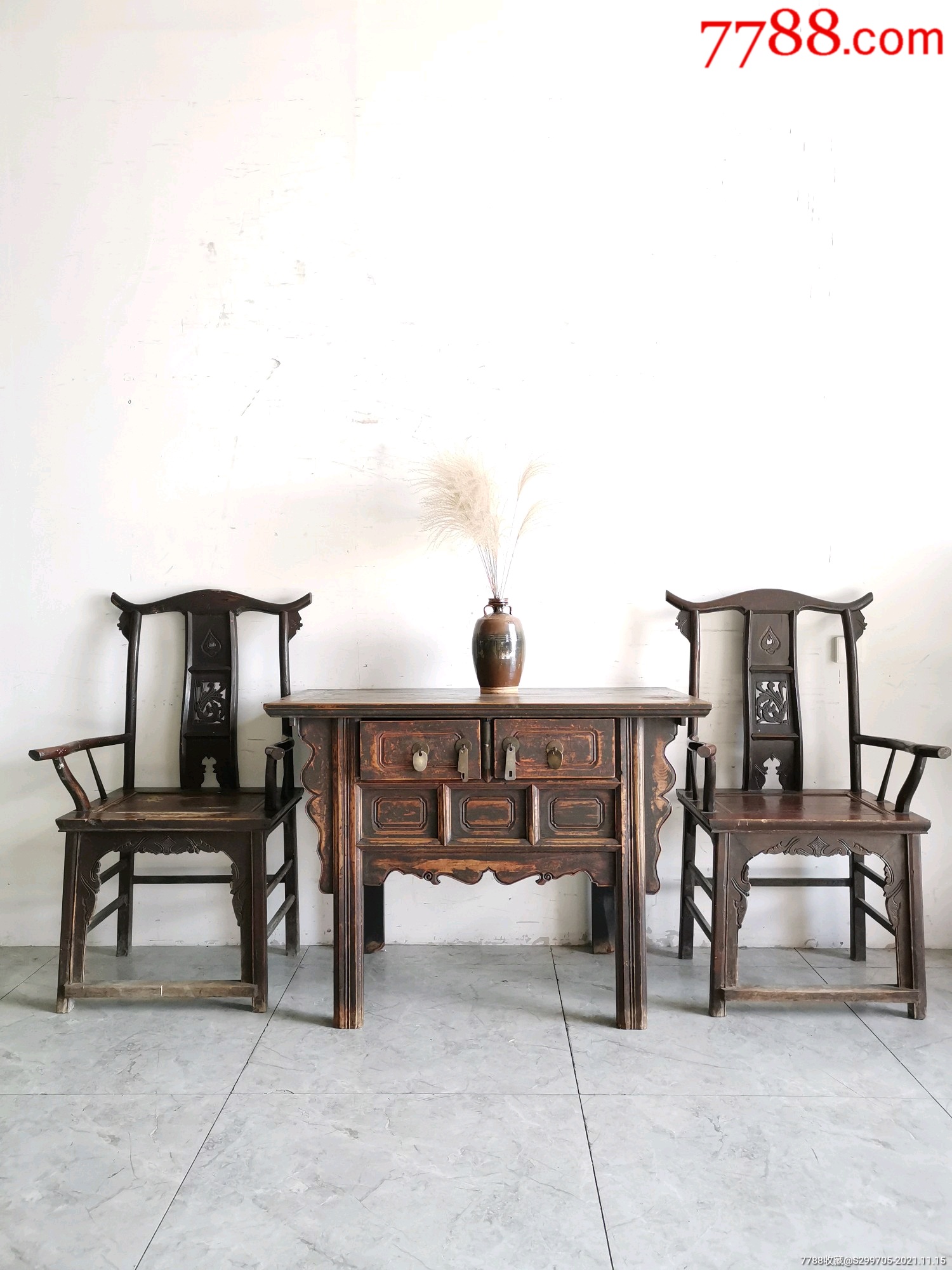清代榆木桌椅三件套全品