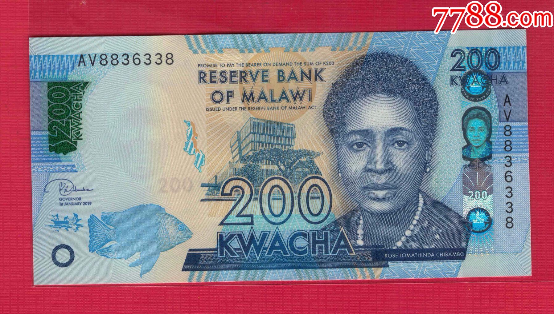马拉维200克瓦查纸币外国钱币2019年全新unc实物图