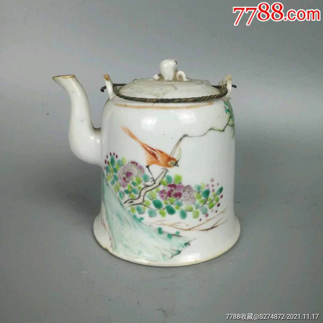 清末民国老茶壶珠山西轩云章作粉彩花鸟钟形提梁壶古玩老瓷器全品