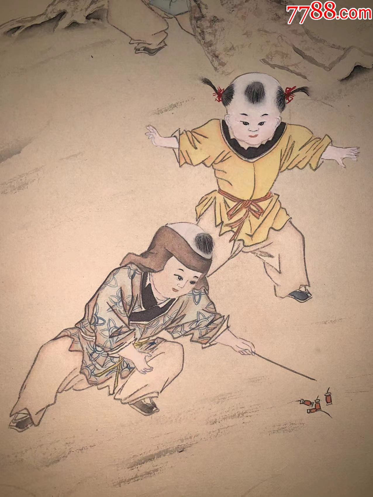 日本回流老字画童子戏乐图4040中古真迹书画