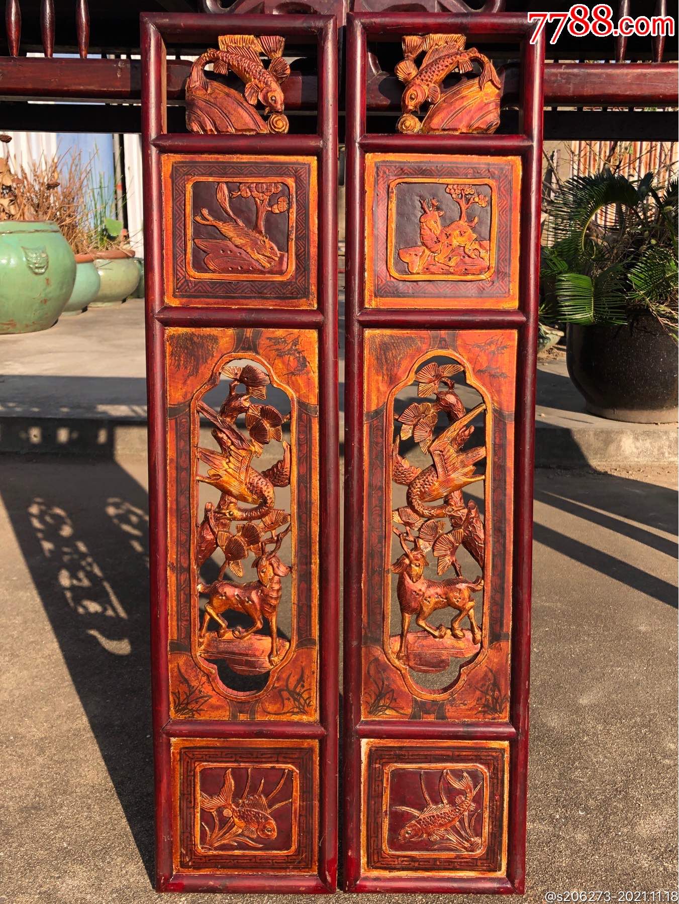 民国老木雕老挂屏花板一对