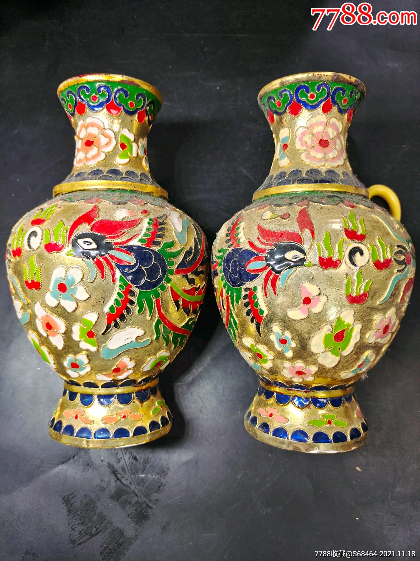 八十年代高202厘米铜胎金属胎掐丝龙凤呈祥逐日珐琅彩花瓶一对