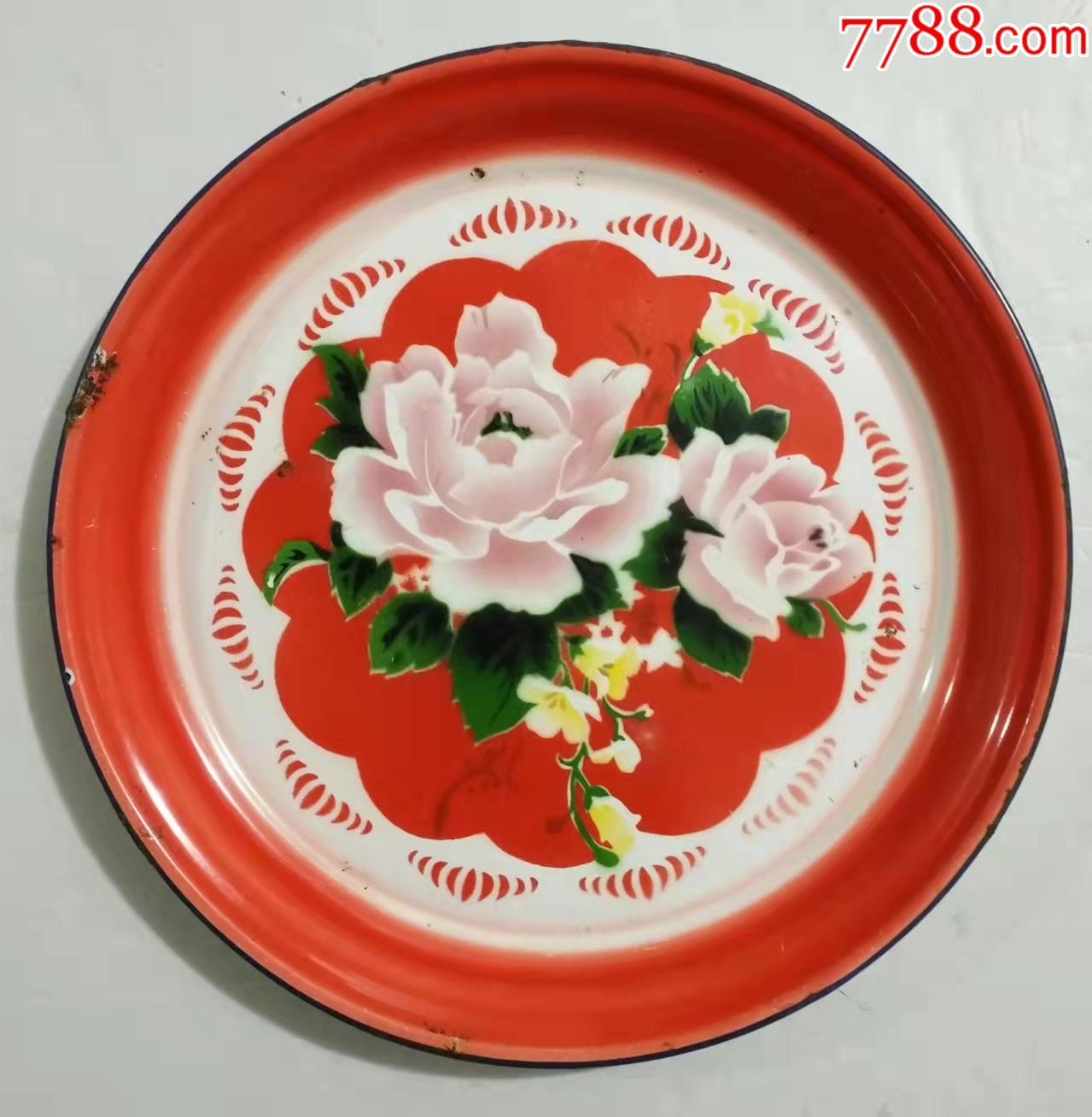 文革时期新港牌红地牡丹纹搪瓷盘天津市搪瓷厂