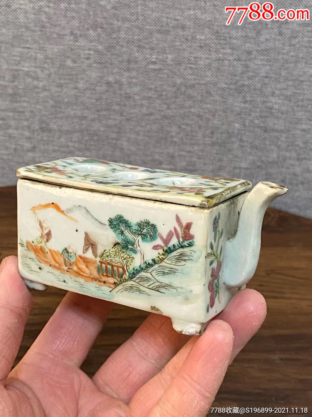 晚清同治细路粉彩人物文房笔架水滴-彩绘瓷/彩瓷-7788红宝书