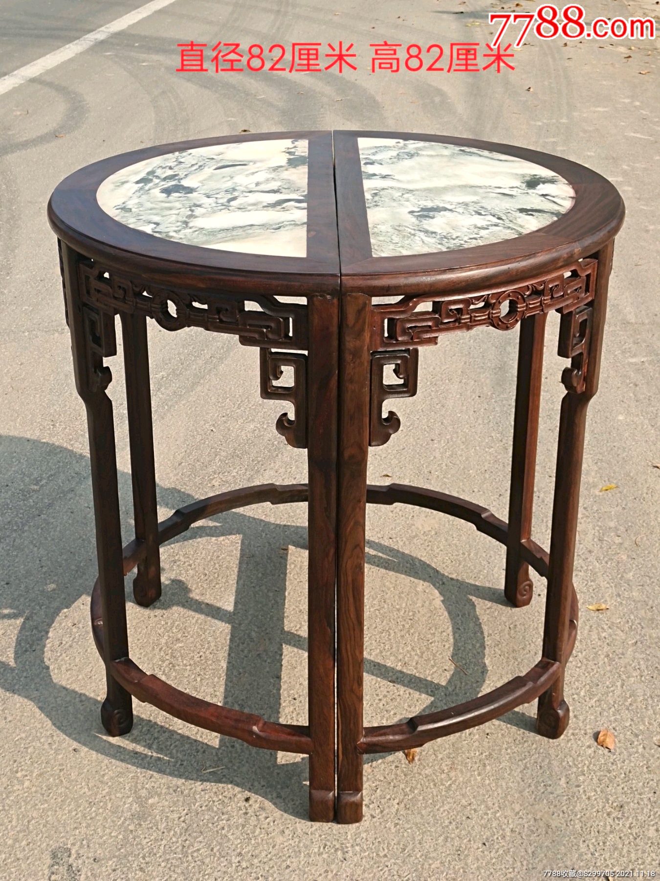 檀木镶大理石面半圆桌工艺精美纯手工雕刻精工打造成色如图