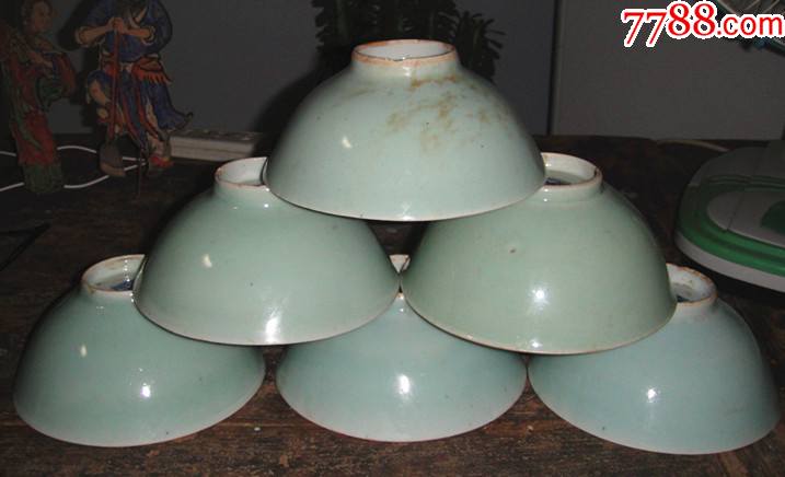 豆青老瓷碗茶碗六件