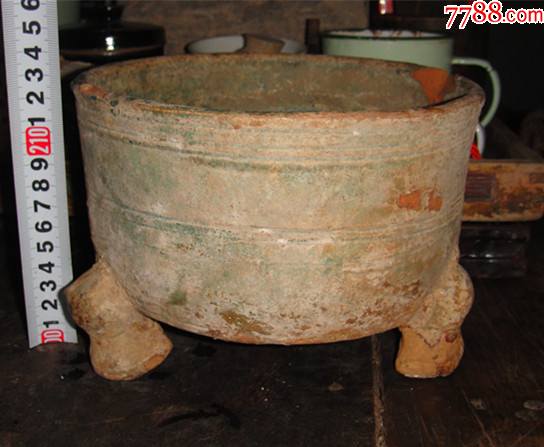 秦汉三足老陶奁汉绿釉