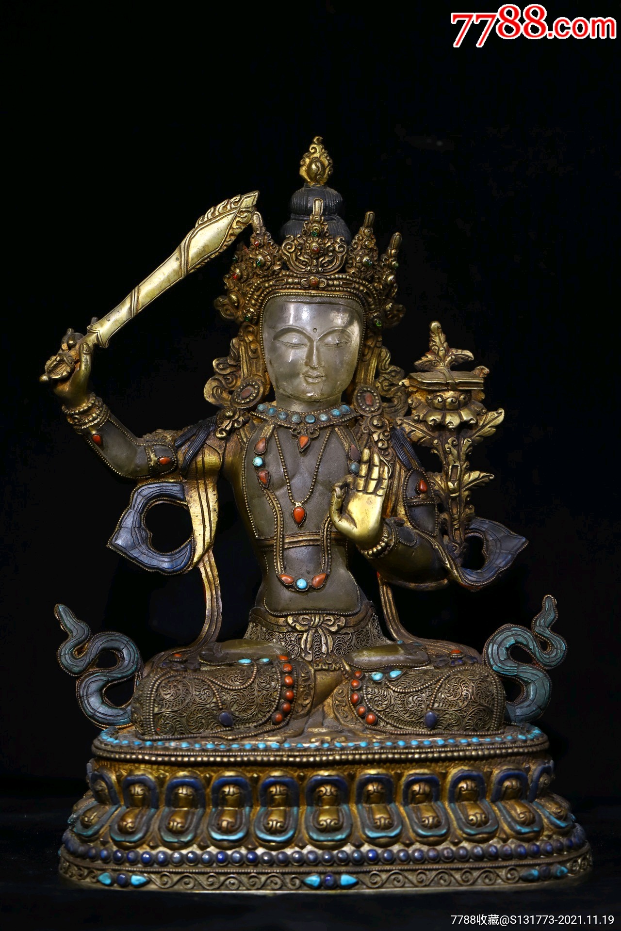 藏密殊胜水晶佛像文殊菩萨天然水晶重工镶嵌掐丝雕刻文殊菩萨开脸殊胜