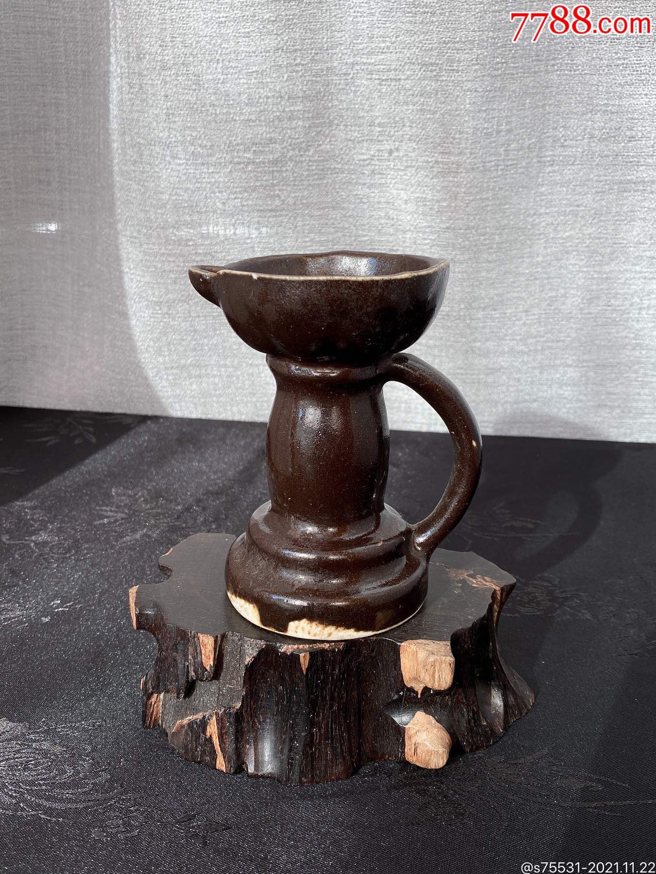 50年代淄博窑生产莲瓣黑釉老油灯民俗老物件