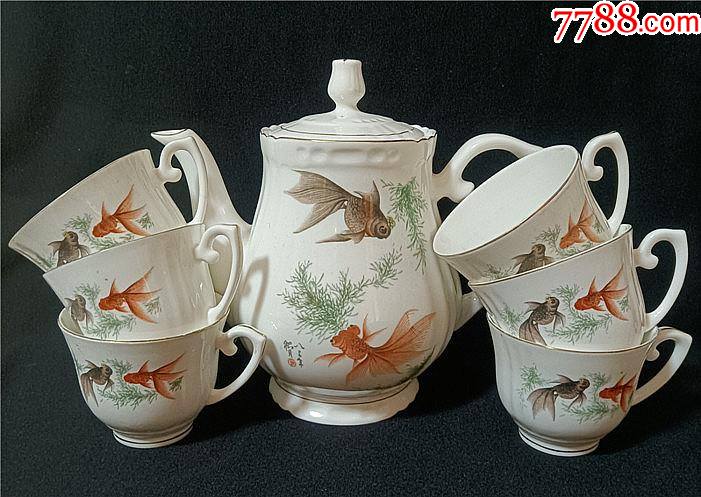 80年代山东淄博出产栩栩如生金鱼滑石瓷老茶具茶壶茶杯7件全套未曾未