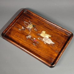 旧藏花梨木镶嵌贝壳花鸟茶盘摆件-木盘/木盛具-7788红宝书