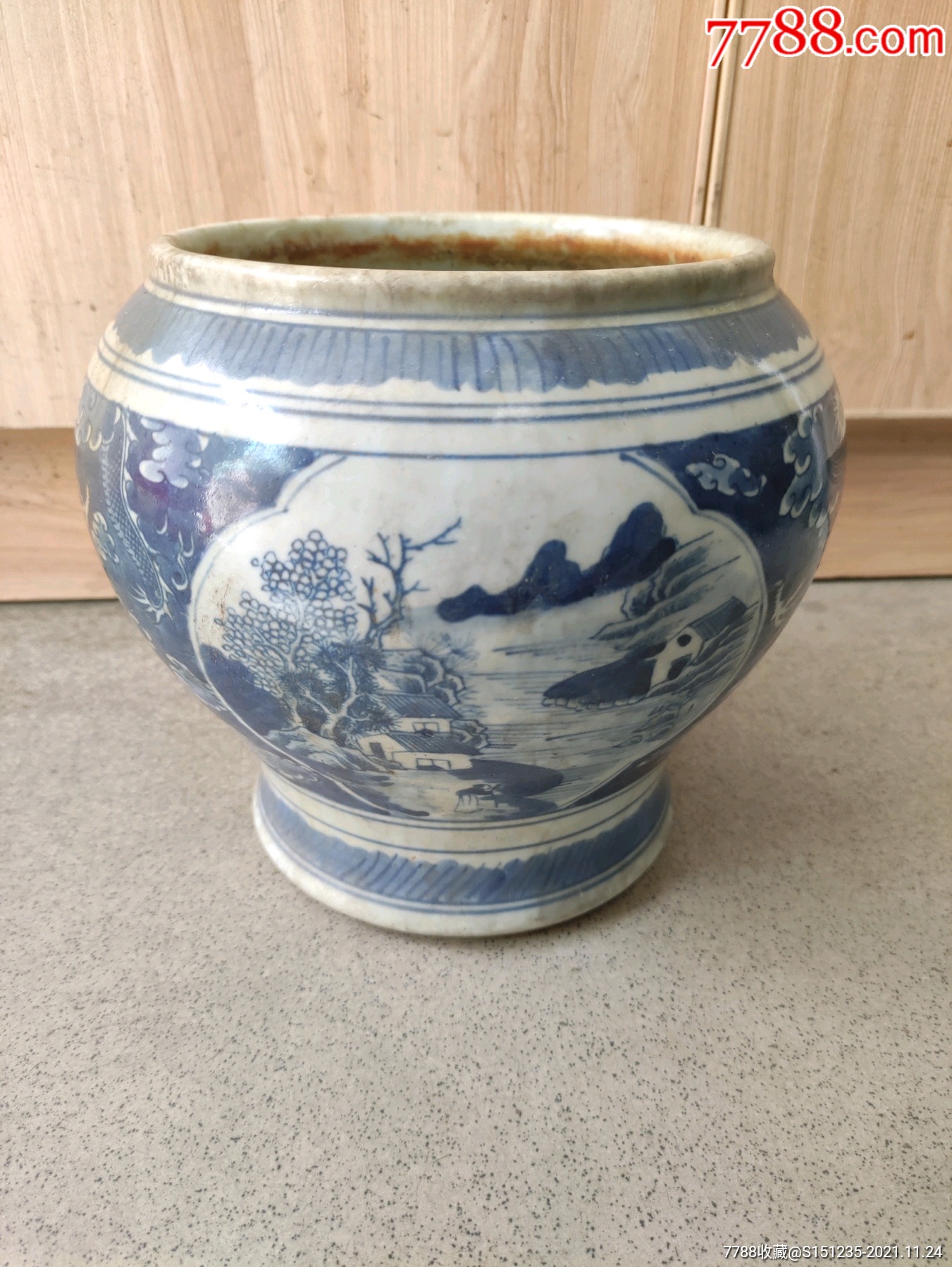清代青花山水人物净水缸喜欢的不要错过细节如图_青花瓷_图片鉴赏